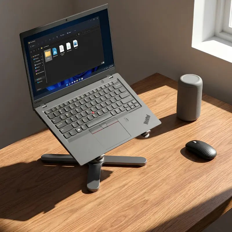 Laptop raised to eye level on the UPRGHT Pivot Pro stand on a sunlit wooden desk, next to a speaker and wireless mouse