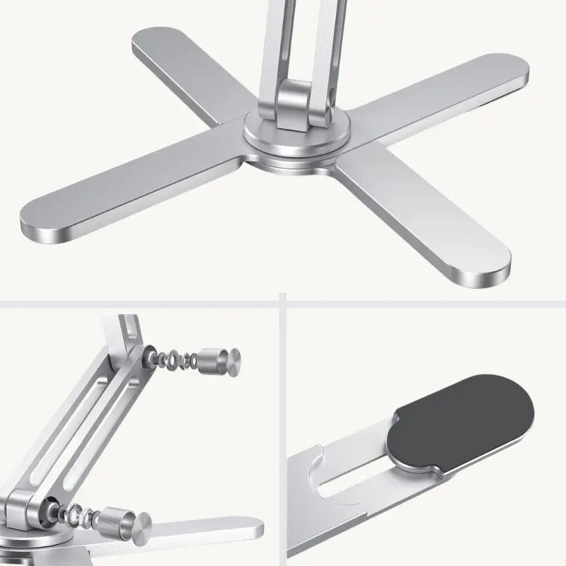 Close-up detail shots of the UPRGHT Pivot Pro's aluminium X-frame base, adjustable hinge screw, and non-slip silicone grip pad