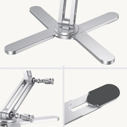 Close-up detail shots of the UPRGHT Pivot Pro's aluminium X-frame base, adjustable hinge screw, and non-slip silicone grip pad