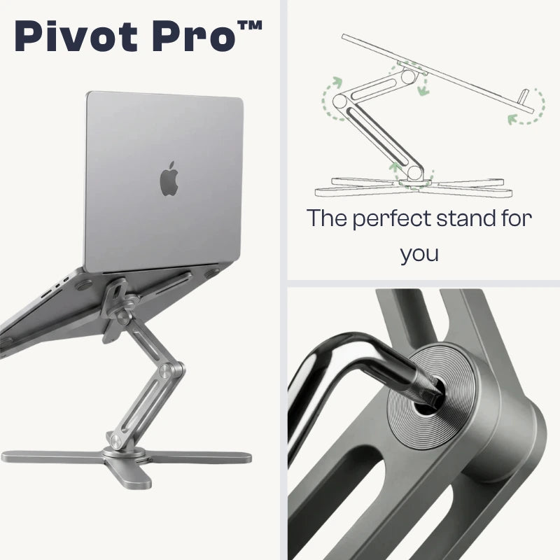 UPRGHT Pivot Pro laptop stand collage showing the folded profile, the 360° rotation and height-adjustment diagram, and a close-up of the hinge mechanism
