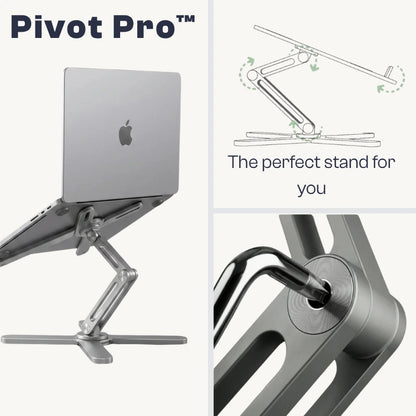 UPRGHT Pivot Pro laptop stand collage showing the folded profile, the 360° rotation and height-adjustment diagram, and a close-up of the hinge mechanism