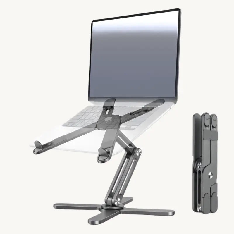 UPRGHT Pivot Pro aluminium laptop stand holding an open laptop at an angled eye-level height, with a folded side profile shown beside it